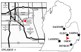 2 maps: State of Michigan map wtih cities near Grand Blanc marked and a map of highways in the region.